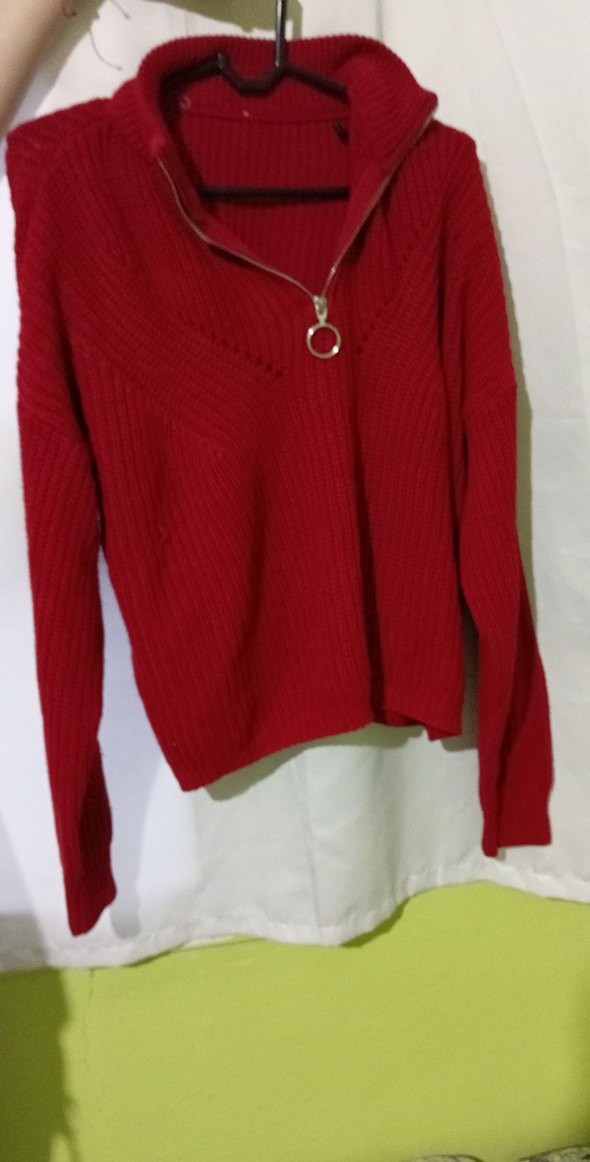 Kırmızı Kadın Triko Kazak Fermuarlı - Görsel 2