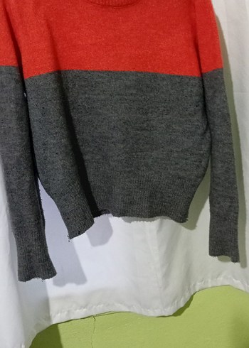 Gri ve turuncu renkli kadın yün kazak - Görsel 5