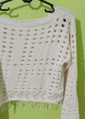 Beyaz Bohem Örgü Kadın Kazak - Görsel 3