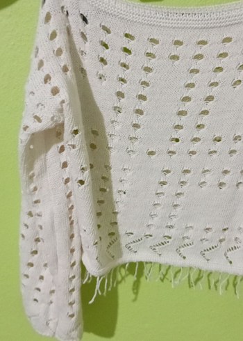 Beyaz Bohem Örgü Kadın Kazak - Görsel 4