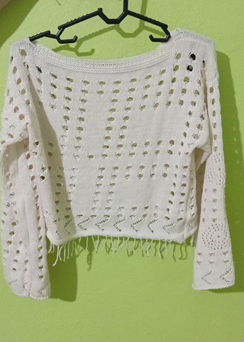 Beyaz Bohem Örgü Kadın Kazak - Görsel 2