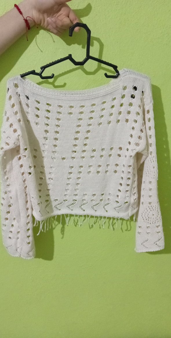 Beyaz Bohem Örgü Kadın Kazak - Görsel 2