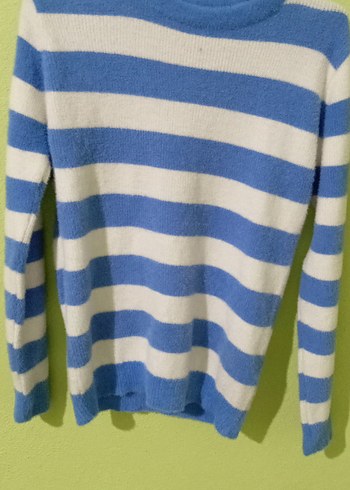 Mavi Beyaz Çizgili Kadın Triko Kazak - Görsel 2