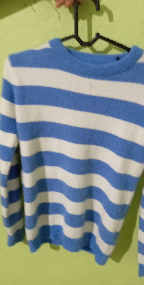 Mavi Beyaz Çizgili Kadın Triko Kazak - Görsel 3