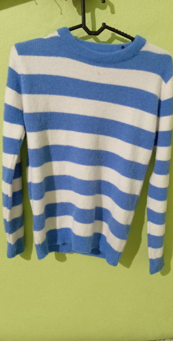 Mavi Beyaz Çizgili Kadın Triko Kazak - Görsel 2