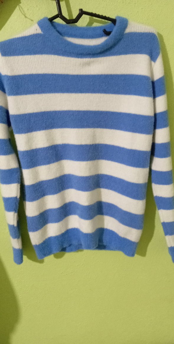 Mavi Beyaz Çizgili Kadın Triko Kazak - Görsel 5