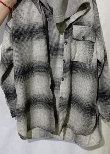 Düğmeli Gri Kadın salaş  oduncu Gömleği - Görsel 2