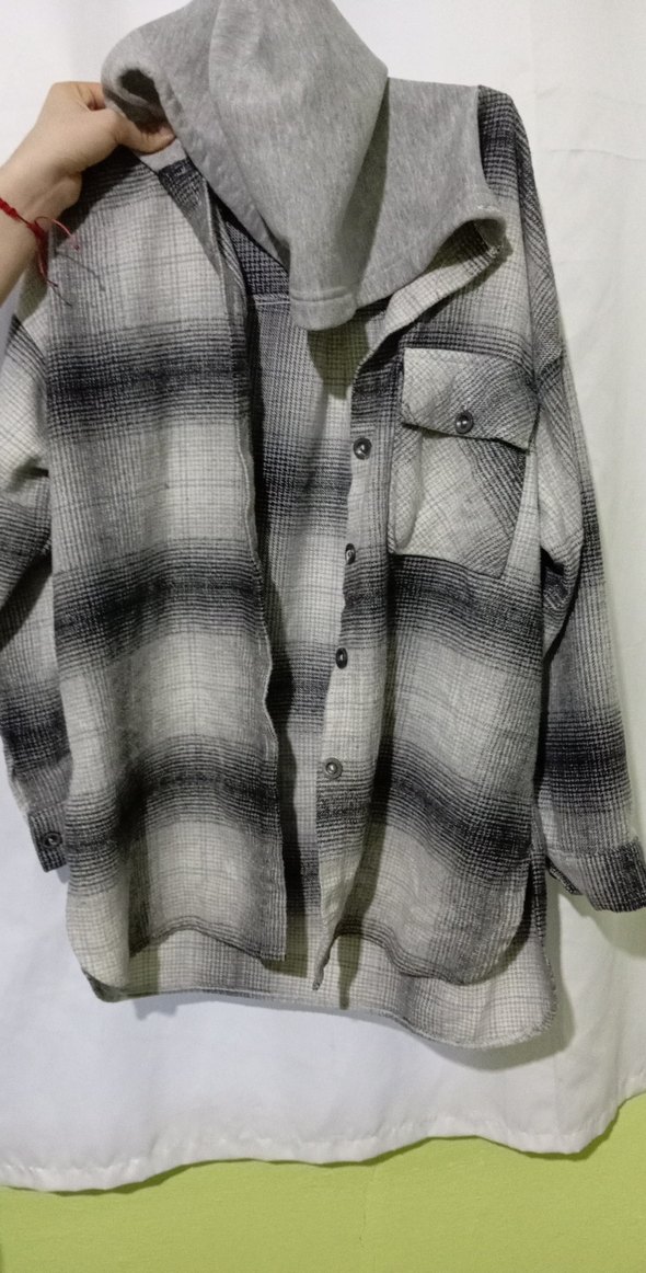 Düğmeli Gri Kadın salaş  oduncu Gömleği - Görsel 5