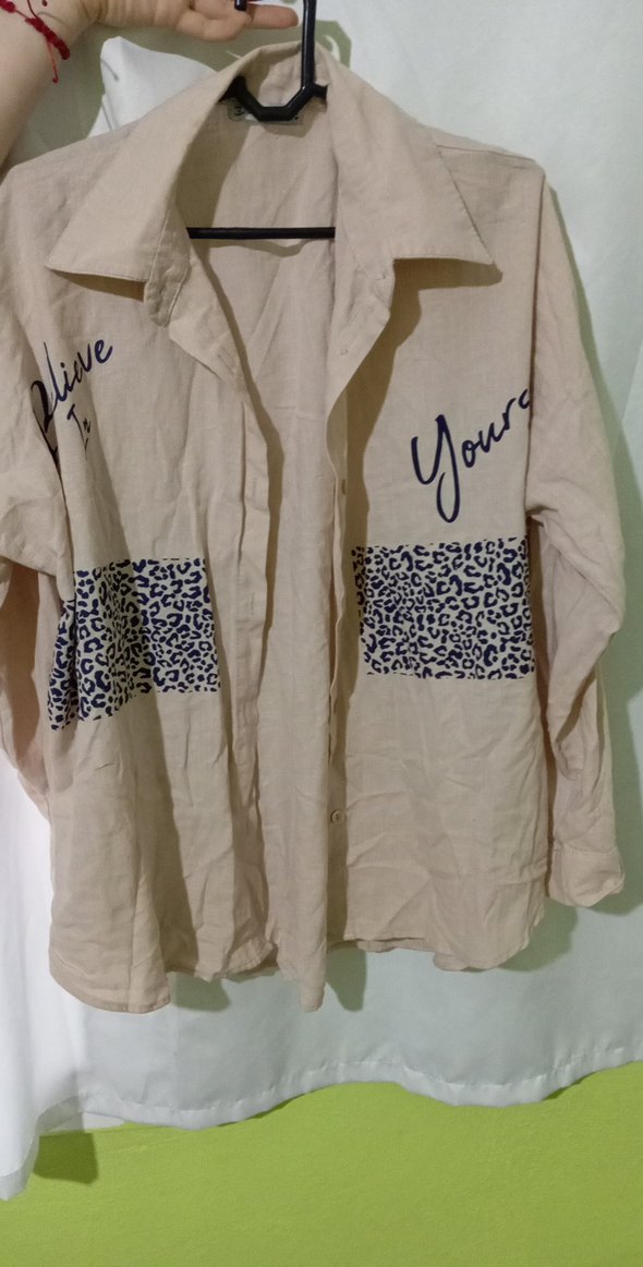 Bej Desenli Kadın Keten Gömlek - Görsel 2