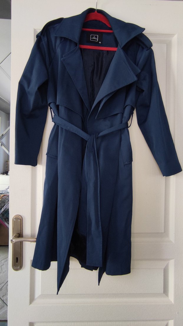 Y London Lacivert Uzun Trençkot Drapeli Yaka - Görsel 2