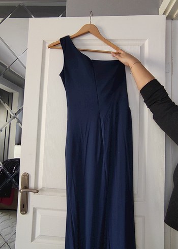 Lacivert Taşlı Tek Omuz Buzi Kumaş Uzun Abiye - Görsel 9