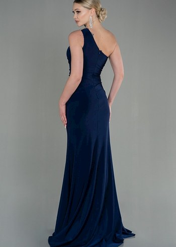 Lacivert Taşlı Tek Omuz Buzi Kumaş Uzun Abiye - Görsel 2