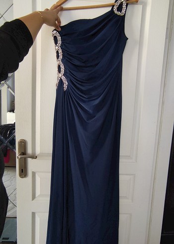 Lacivert Taşlı Tek Omuz Buzi Kumaş Uzun Abiye - Görsel 8
