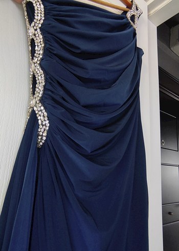 Lacivert Taşlı Tek Omuz Buzi Kumaş Uzun Abiye - Görsel 10