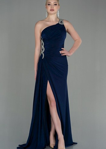 Lacivert Taşlı Tek Omuz Buzi Kumaş Uzun Abiye - Görsel 3