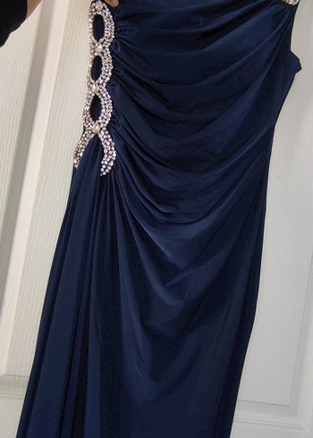 Lacivert Taşlı Tek Omuz Buzi Kumaş Uzun Abiye - Görsel 5