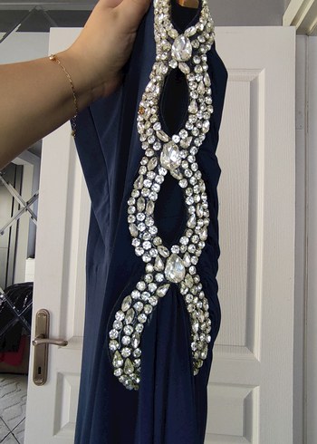 Lacivert Taşlı Tek Omuz Buzi Kumaş Uzun Abiye - Görsel 6