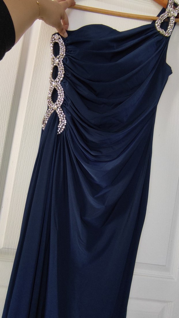 Lacivert Taşlı Tek Omuz Buzi Kumaş Uzun Abiye - Görsel 5