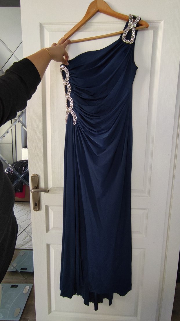 Lacivert Taşlı Tek Omuz Buzi Kumaş Uzun Abiye - Görsel 4