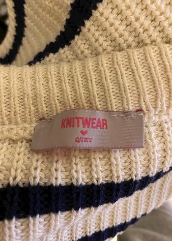 Beyaz Çizgili Örgü Kazak - QUZU - Görsel 2