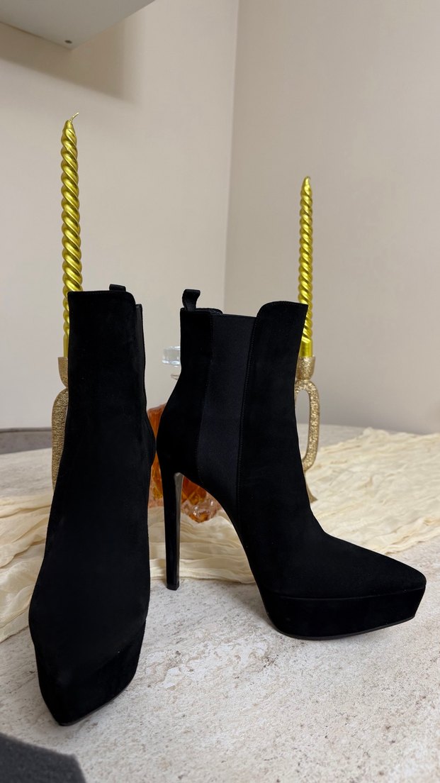 Orjinal PRADA Siyah Desenli Süet Stiletto Bot - Görsel 2