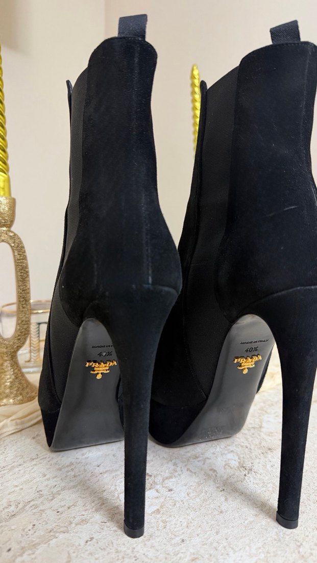 Orjinal PRADA Siyah Desenli Süet Stiletto Bot - Görsel 4