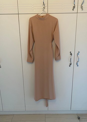 Bej Midi Drapeli elbise - Görsel 3