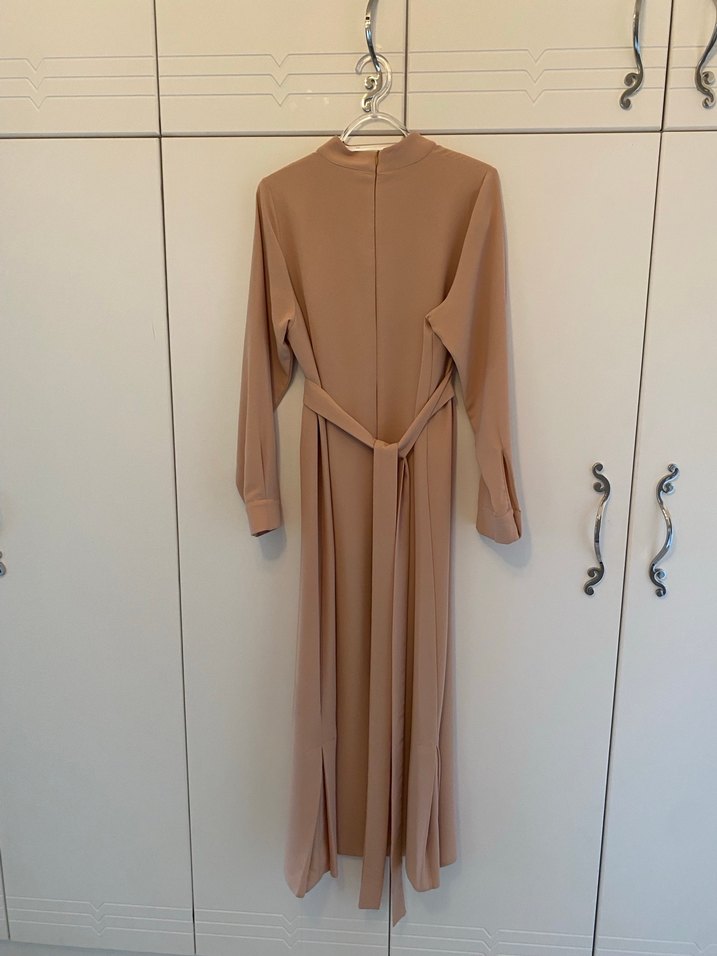 Bej Midi Drapeli elbise - Görsel 4