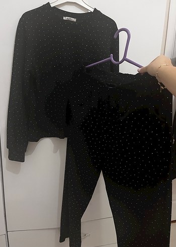 Taşlı Siyah Kadın Eşofman Takımı - Görsel 2