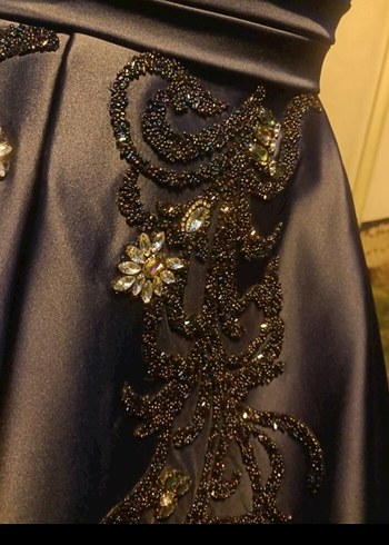 Mavi İşlemeli Uzun Kollu Abiye Elbise - Görsel 8