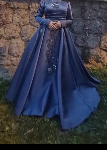 Mavi İşlemeli Uzun Kollu Abiye Elbise - Görsel 2