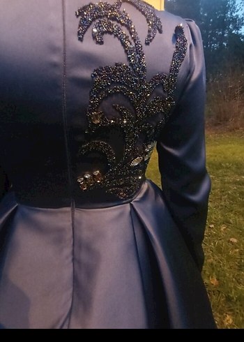 Mavi İşlemeli Uzun Kollu Abiye Elbise - Görsel 6