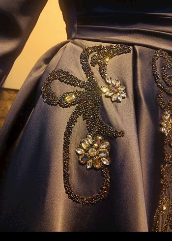 Mavi İşlemeli Uzun Kollu Abiye Elbise - Görsel 9