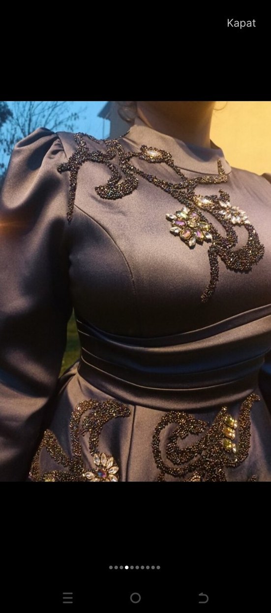 Mavi İşlemeli Uzun Kollu Abiye Elbise - Görsel 4