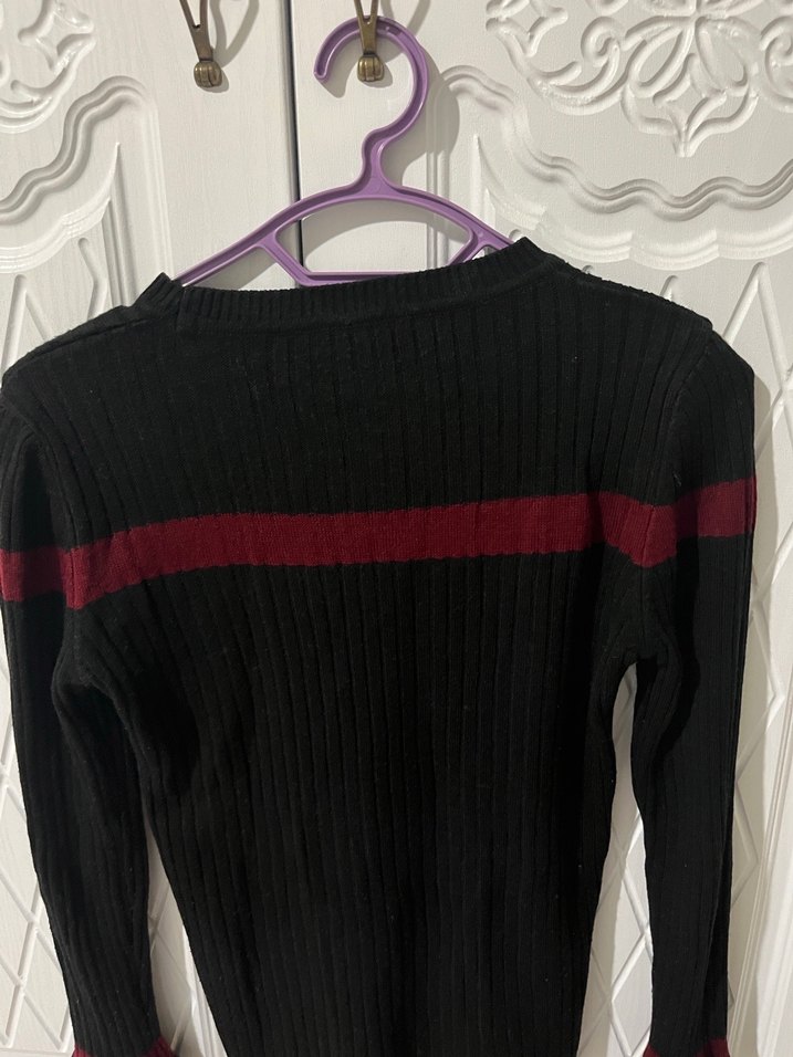 Bordo Çizgili Örgü Kadın Triko - Görsel 2