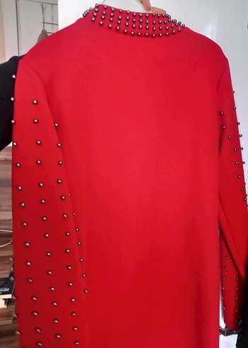 Kırmızı Uzun Kollu Taşlı Triko Elbise - Görsel 2