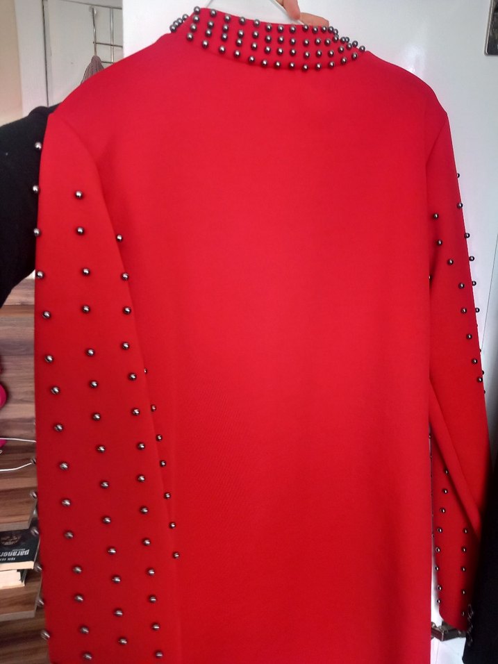 Kırmızı Uzun Kollu Taşlı Triko Elbise - Görsel 2