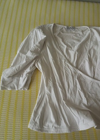 Beyaz Keten V Yaka Drapeli Hamile Bluz - Görsel 3