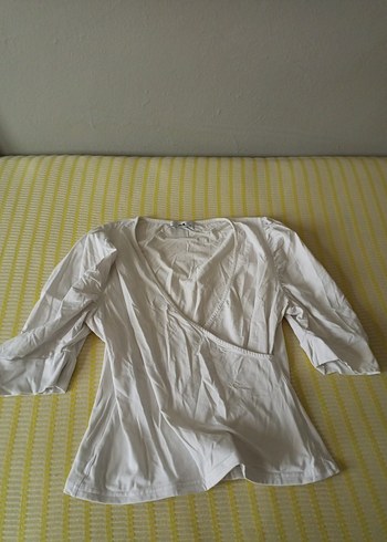 Beyaz Keten V Yaka Drapeli Hamile Bluz - Görsel 5