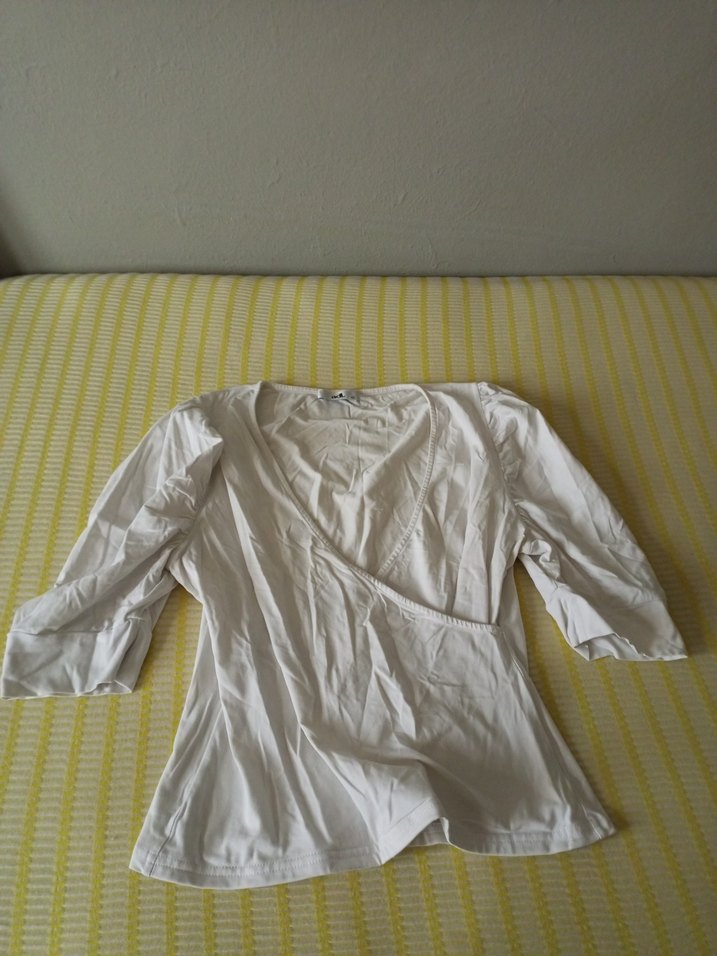 Beyaz Keten V Yaka Drapeli Hamile Bluz - Görsel 5