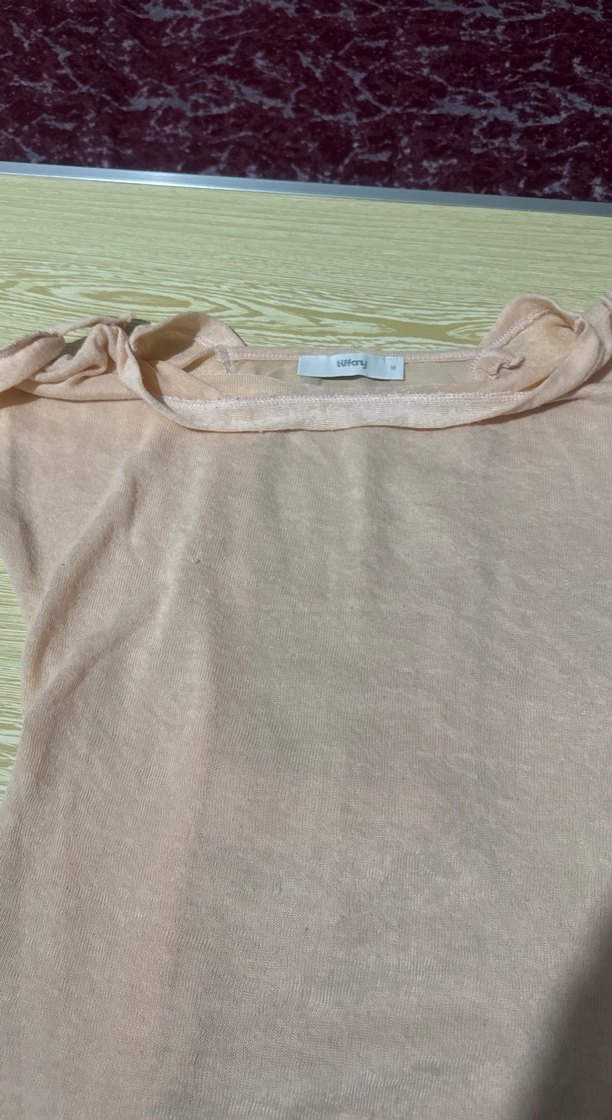 Bej Kız Çocuk Keten Kısa Kollu Tişört - Görsel 3