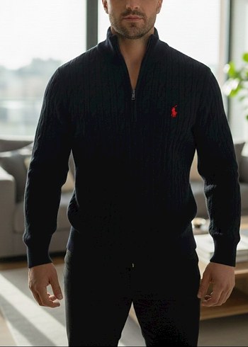 Beyaz Yarım Fermuarlı Yünlü Erkek Kazak - Görsel 2