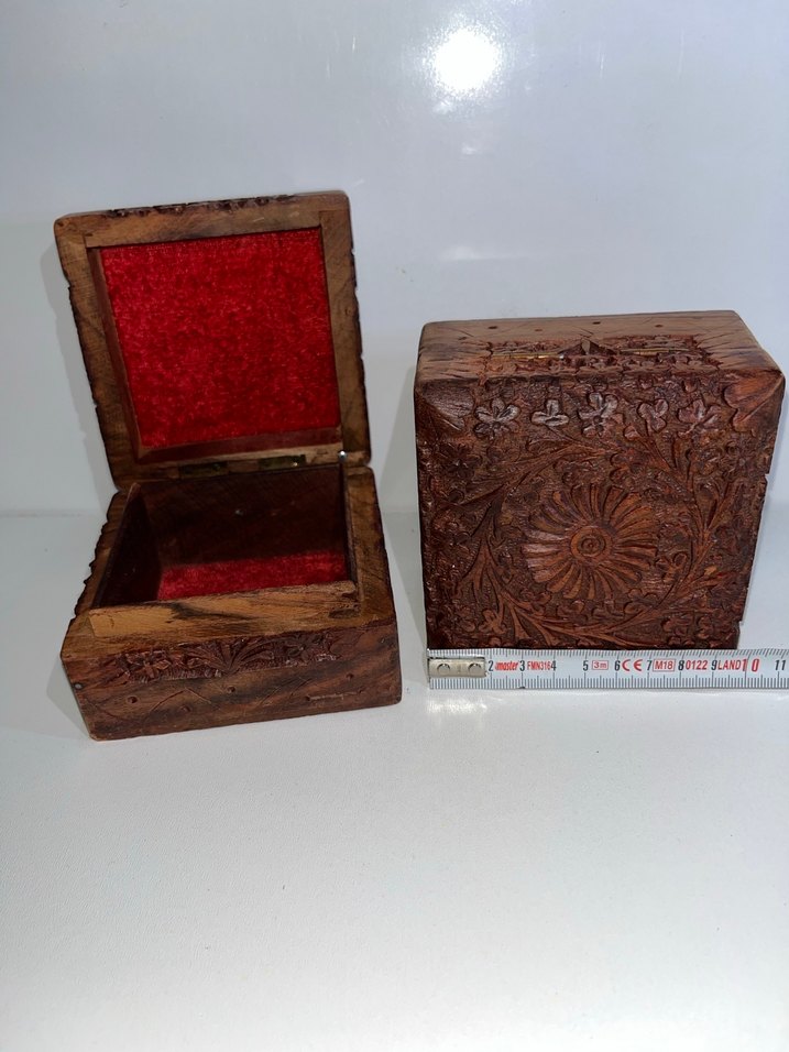 ESKİ ANTİKA VİNTAGE MÜCEVHER KUTUSU İŞLEMELİ AHŞAP - Görsel 4