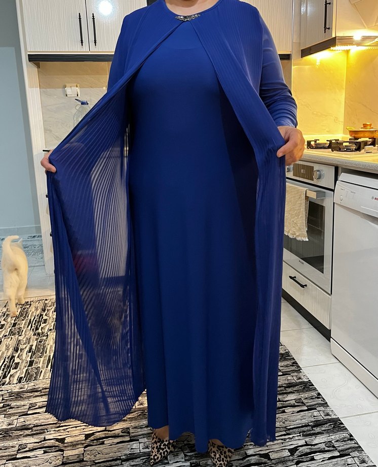 Koyu Mavi Uzun Kollu Piliseli Kadın Elbise - Görsel 2