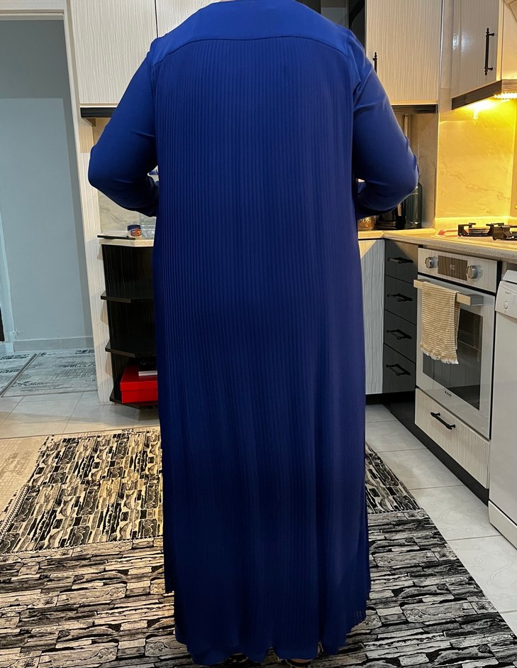 Koyu Mavi Uzun Kollu Piliseli Kadın Elbise - Görsel 4