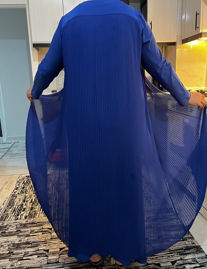 Koyu Mavi Uzun Kollu Piliseli Kadın Elbise - Görsel 3