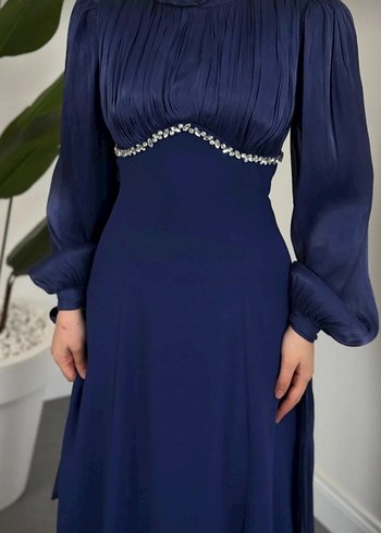 Lacivert Uzun Kollu Drapeli Abiye Elbise+ Şalı - Görsel 2