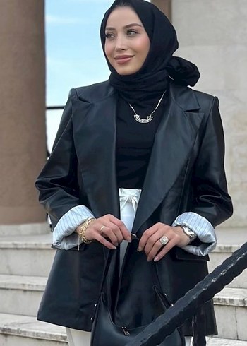 Kadın Siyah Deri  Blazer - Görsel 3