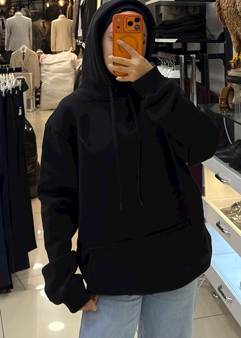 Siyah Kapüşonlu Kadın Sweatshirt Tüm Bedenler Mevcut - Görsel 3