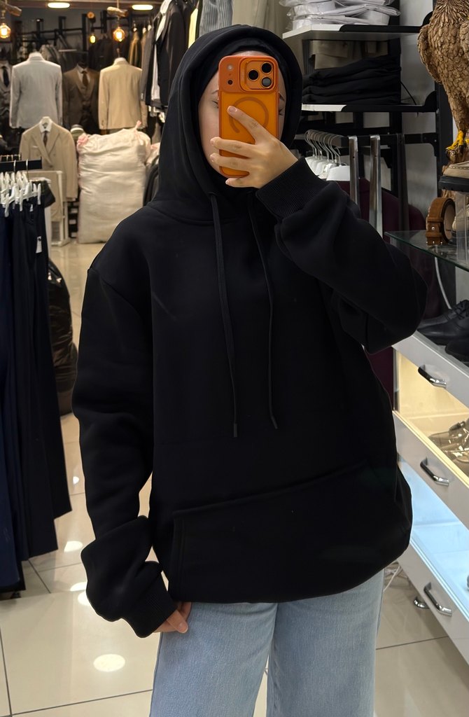 Siyah Kapüşonlu Kadın Sweatshirt Tüm Bedenler Mevcut - Görsel 3